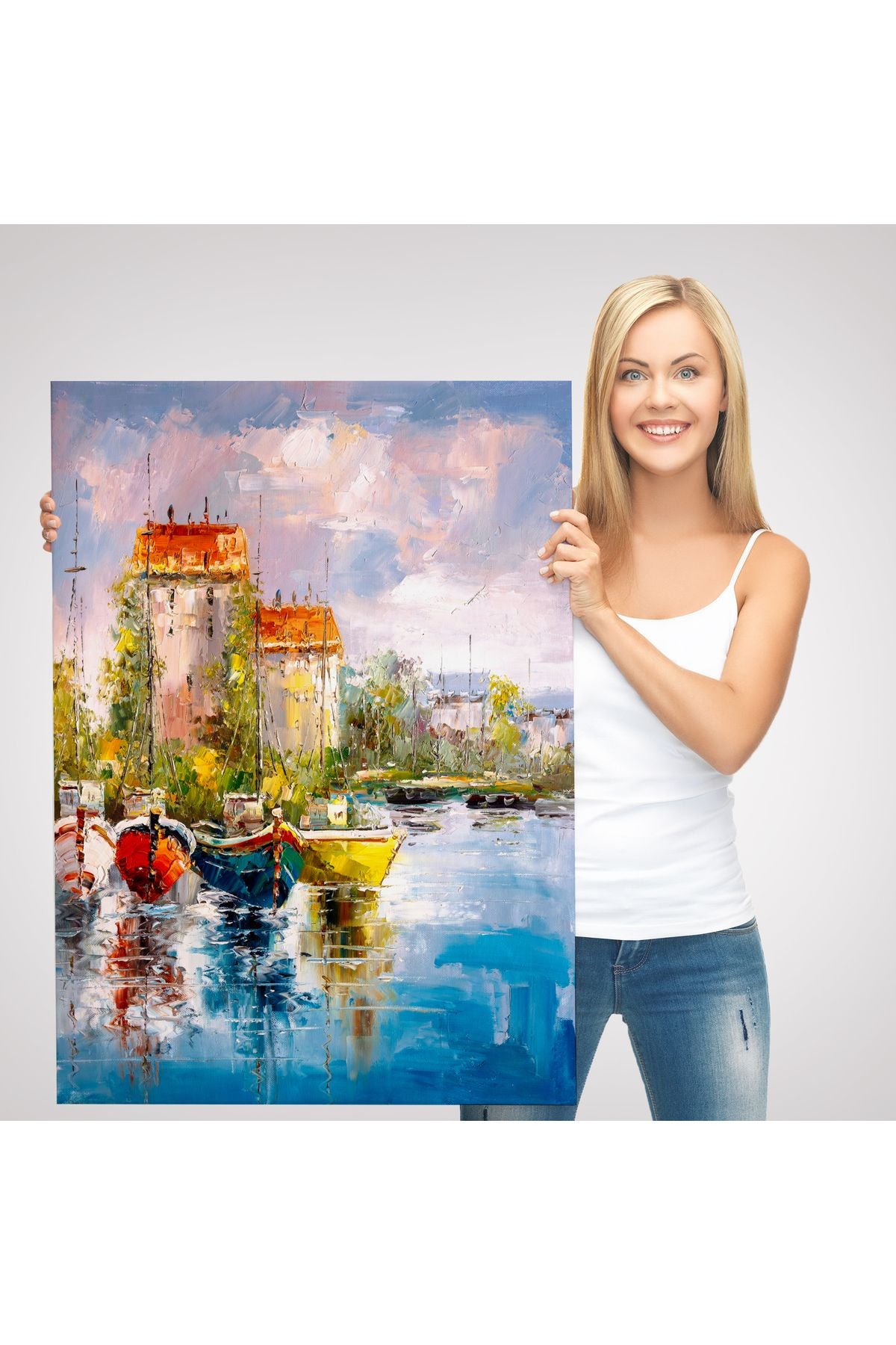 Liman Manzarası Yağlıboya Görünüm Dekoratif Kanvas Duvar Tablosu -5981
