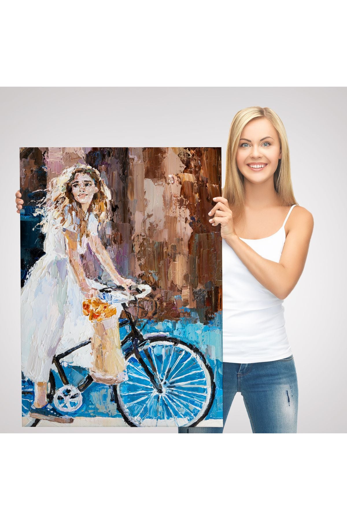 Bisiklete Binen Beyaz Elbiseli Kız Duvar Tablosu-6007