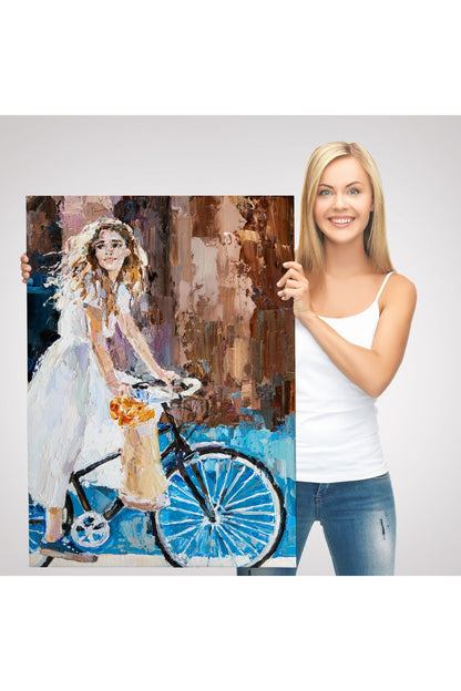 Bisiklete Binen Beyaz Elbiseli Kız Duvar Tablosu-6007