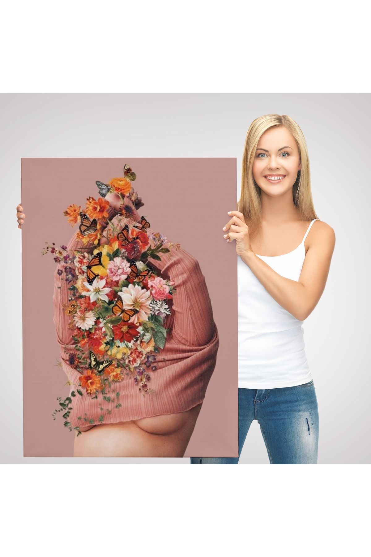Soyunan Kadın Renkli Kelebekler ve Çiçekler Detaylı Tablo-6060