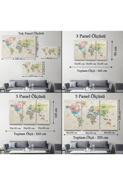 Dünya Haritası Kanvas Tablo Ülke Başkentli ve Okyanus Detaylı Tablo 2749
