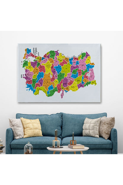 Türkiye Haritası Kanvas Tablo İl ve İlçeli Ayrıntılı Eğitici Dekoratif Tablo 3029