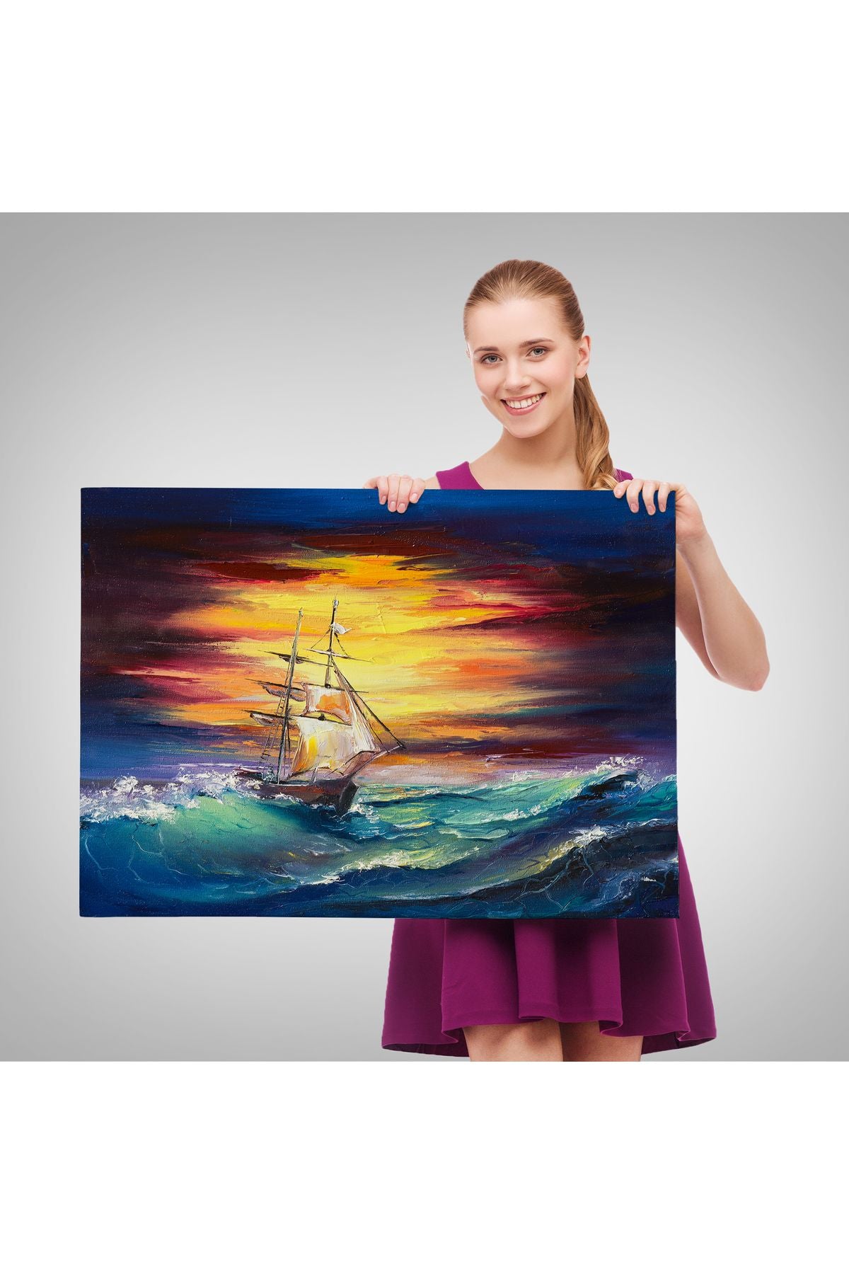 Büyük Dalgalı Okyanusdaki Yelkenli Duvar Tablosu-3491