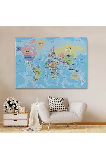Dekoratif Duvar Tablosu-Ülke Başkentli Okyanuslu İngilizce Dünya Haritası Kanvas Tablo 2233