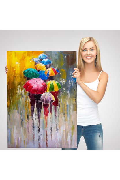 Renkli Şemsiyeler Yağlıboya Görünüm Dekoratif Kanvas Duvar Tablosu -5932