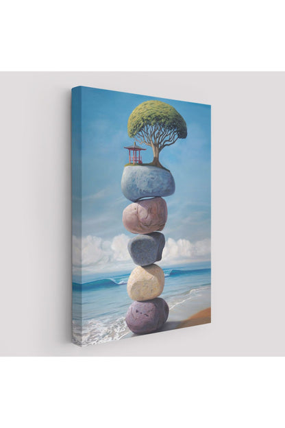 Sahilde Renkli Denge Taşları Kanvas Tablo, Terapi, Meditasyon, Yoga Baskısı-5322