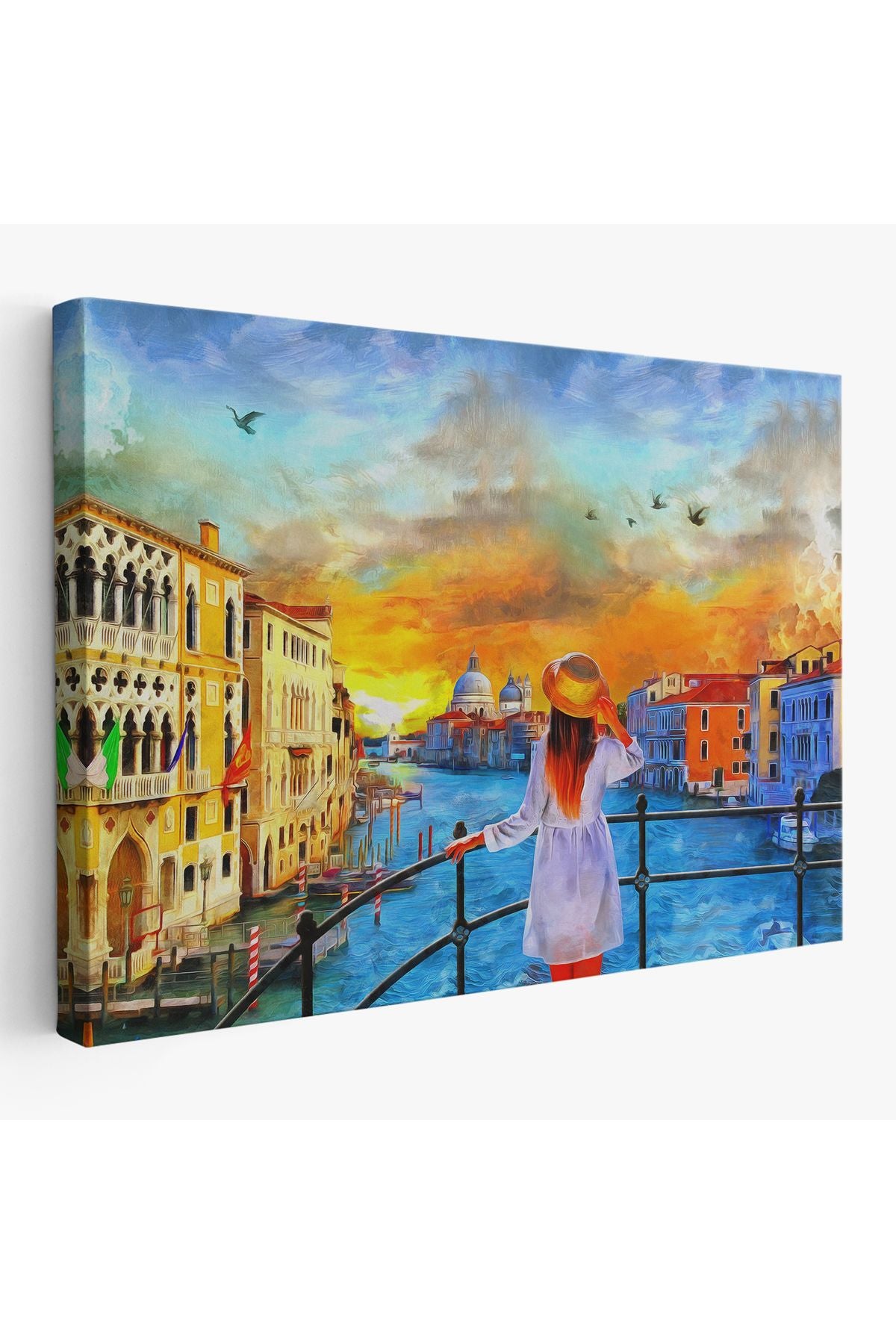 Venedik Kanalını İzleyen Kız Yağlıboya Görünüm Dekoratif Kanvas Duvar Tablosu-3699