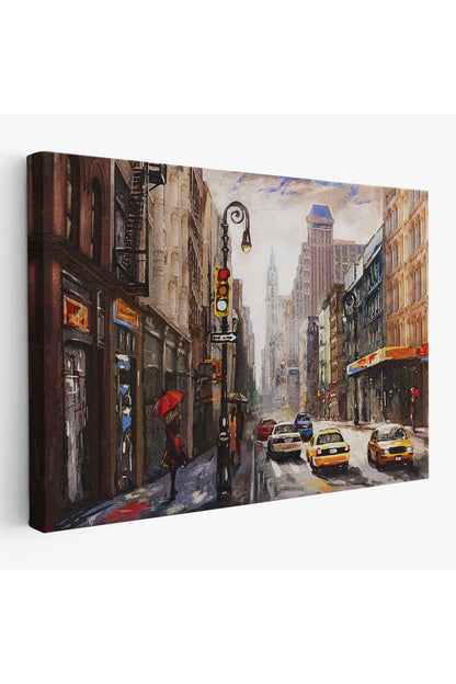 New York Sokakları Ve Sarı Taksi Yağlıboya Görünüm Tablo-3550