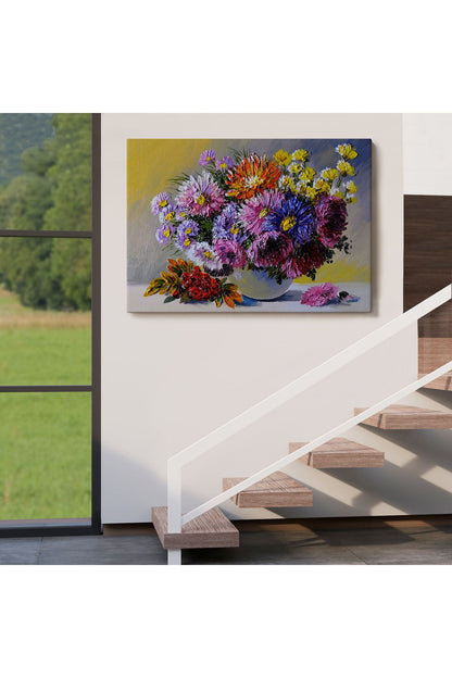 Renkli Çiçekler Yağlıboya Görünüm Dekoratif Kanvas Duvar Tablosu-3448