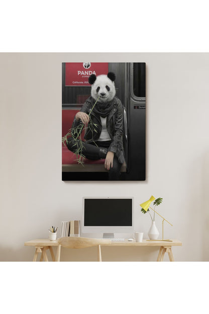 Gerçek Metroda Panda Başlı İnsan Kanvas Tablo-5228