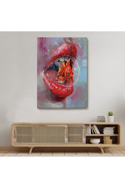 Kırmızı Rujlu Dudak Balon Içerisinde Turuncu Japon Balığı Duvar Tablosu-6293