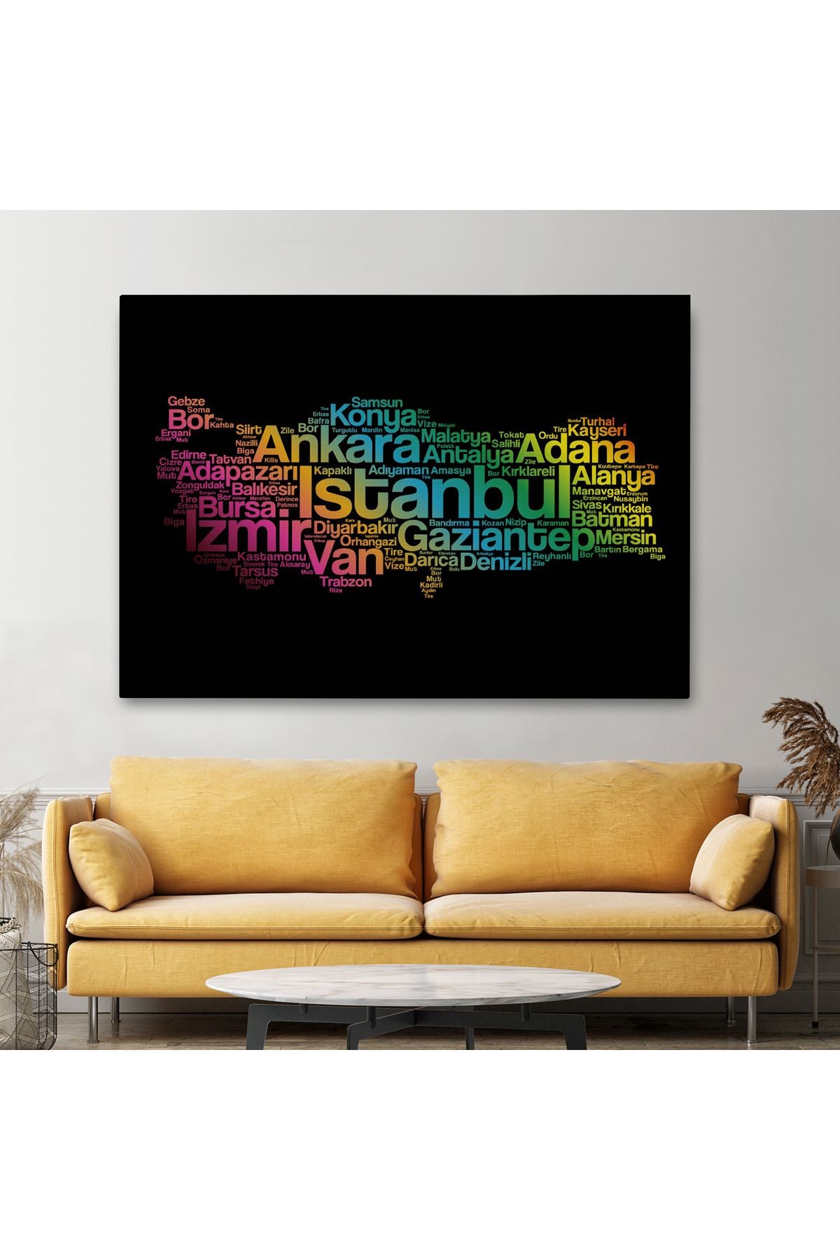 İller İsimli Siyah Zeminli Dekoratif Kanvas Tablo 1016