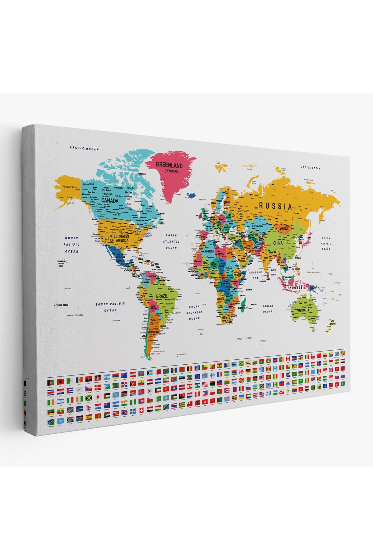 Dünya Haritası Son Derece Ayrıntılı Eğitici ve Bayraklı Dekoratif Kanvas Tablo 2796