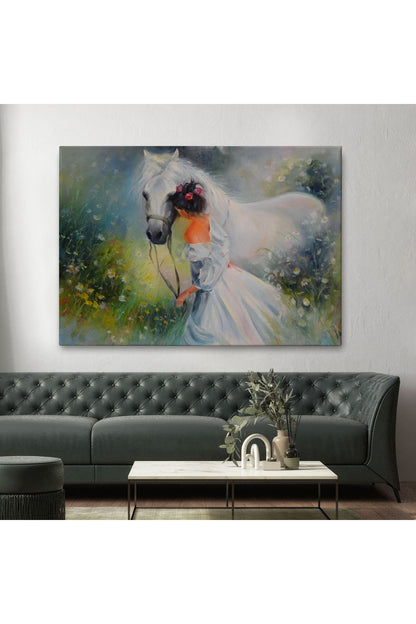 Bayaz At Ve Sahibi Kız Yağlıboya Görünüm Dekoratif Kanvas Duvar Tablosu-3539