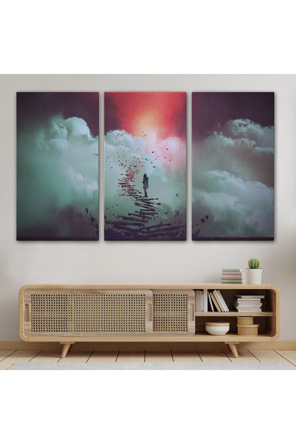 Gökyüzüne Giden Kırık Merdivenlerde Duran Genç Kadın Kanvas Tablosu-5029