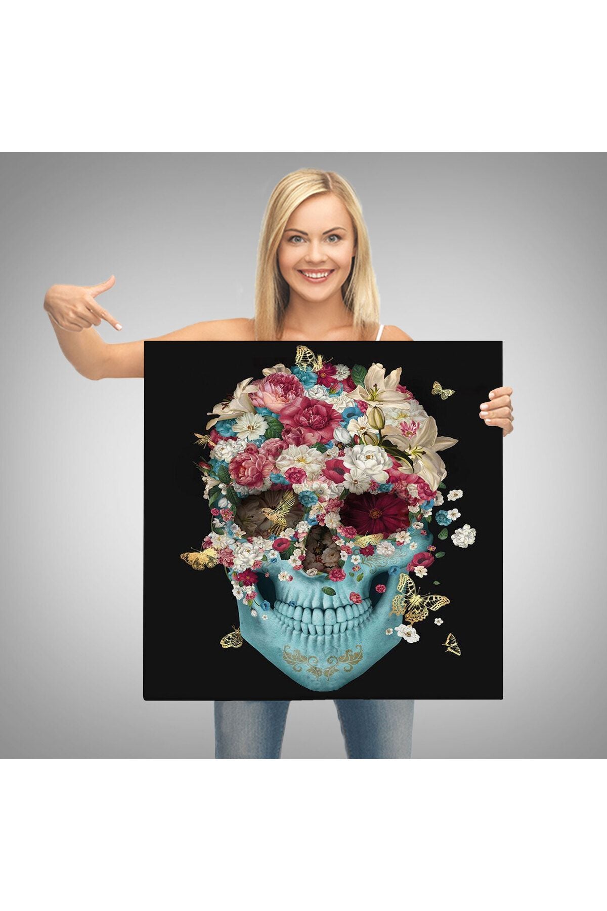 Renkli Çiçeklerle Kafatası Kanvas Tablo, Ölülerin Günü Baskıları, Şeker Kafatası-5332