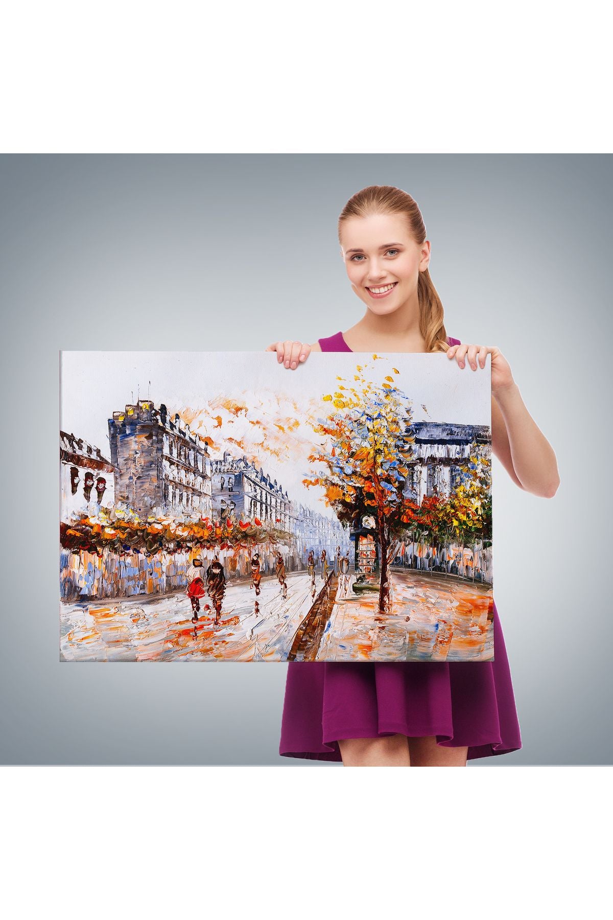 Paris Sokakları Yağlıboya Görünüm Dekoratif Kanvas Duvar Tablosu-3483