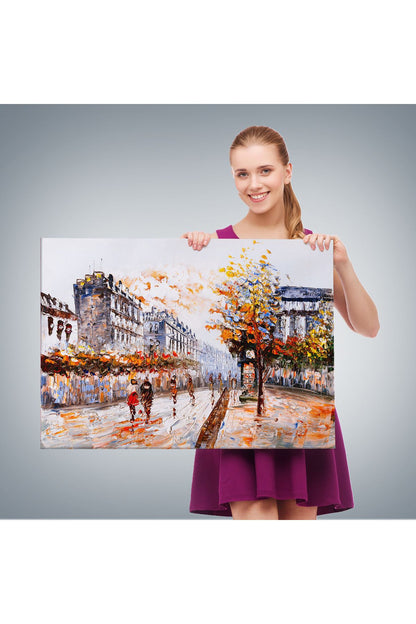 Paris Sokakları Yağlıboya Görünüm Dekoratif Kanvas Duvar Tablosu-3483