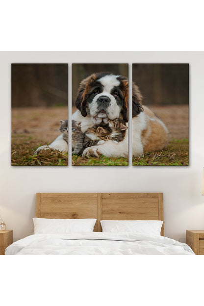 YB St. Bernard Köpek ve Yavru Kediler Dekoratif Kanvas Tablo 1124