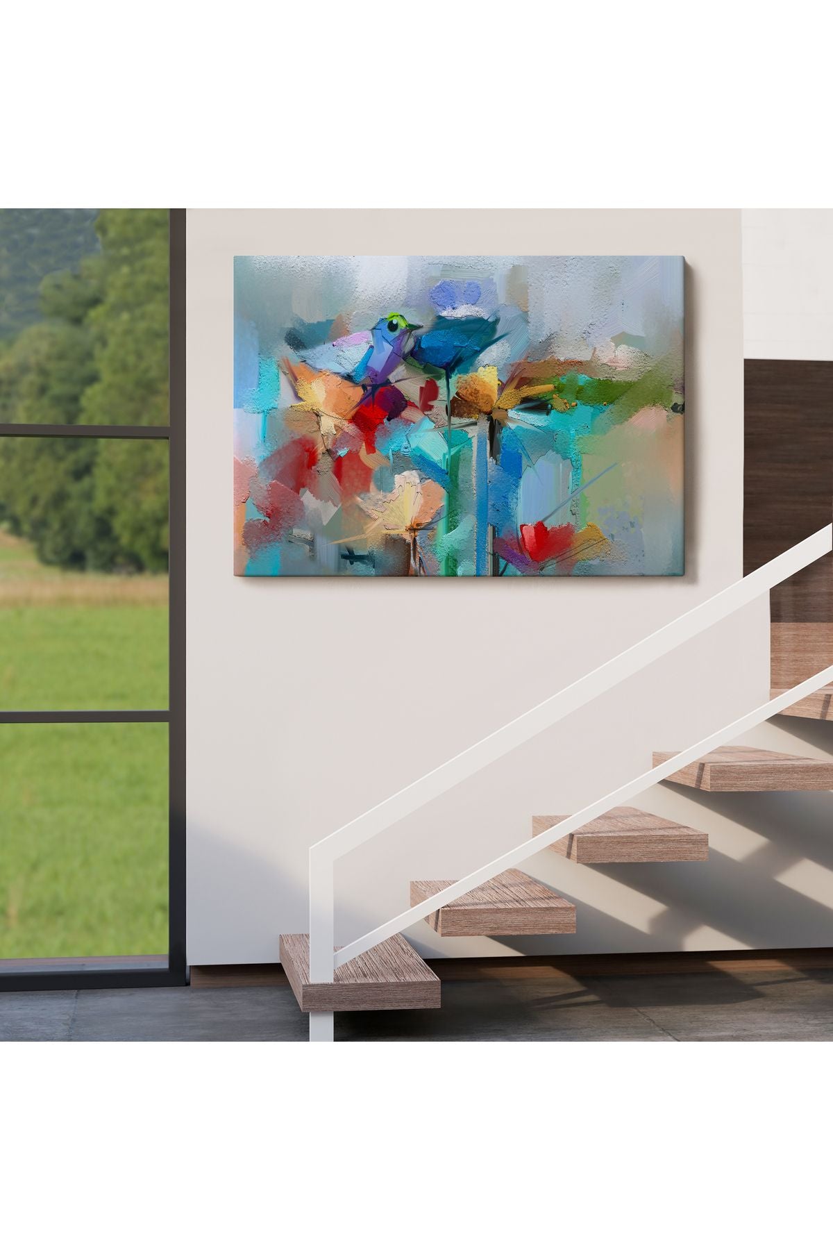 Modern Soyut Tarzda Çiçekler ve Kuş Dekoratif Kanvas Duvar Tablosu-3701
