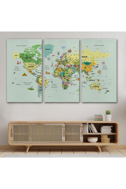 arg001 seri Türkçe Dünya Haritası Çok Detaylı Ünlü Yerler Sembollü Kanvas Tablo 1741