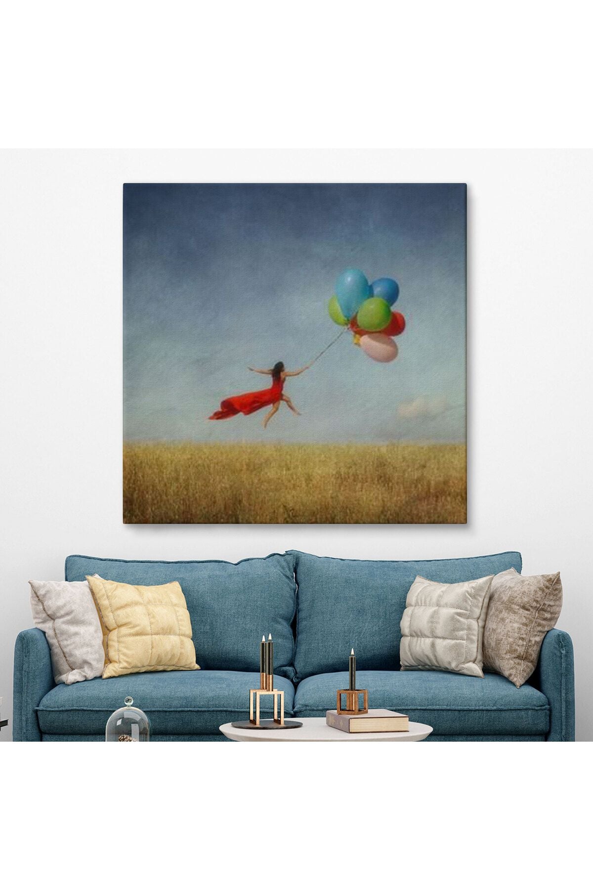 Renkli Balonlarla Uçan Kız Kanvas Tablo-5855