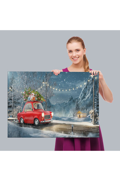 Noel Baba ve Küçük Kırmızı Retro Arabası Kanvas Duvar Tablosu-3752