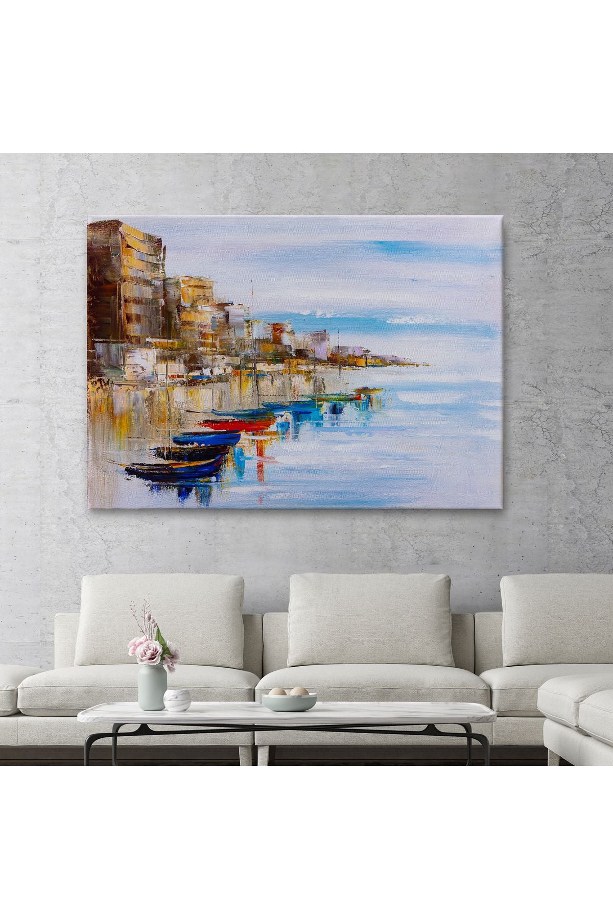 Sahildeki Renkli Tekneler Dekoratif Kanvas Duvar Tablosu-3723