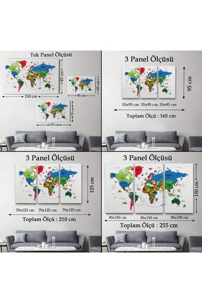 Dünya Haritası Dekoratif Kanvas Tablo Ülke ve Başkentli Öğretici ve Sembollü 2331