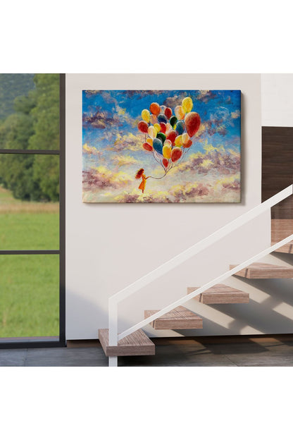 HG Bulutlaların Üzerindeki Renkli Balonları Tutan Kız Tablosu-6643