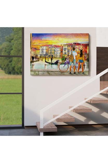 Venedik Kanalına Bakan Romantik Çift Yağlıboya Görünüm Kanvas Tablosu-3625