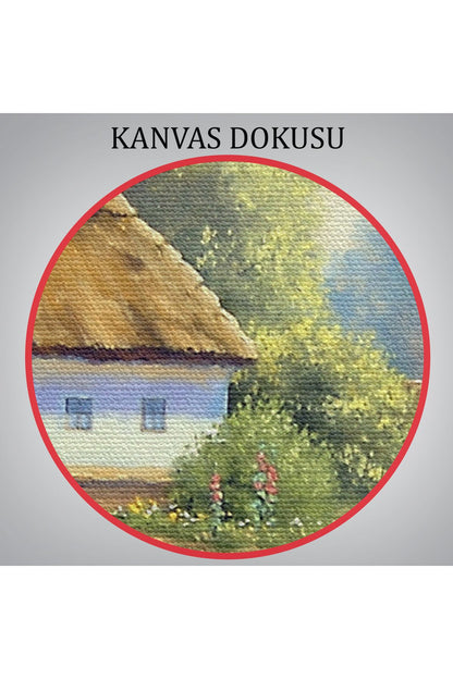 Göl Manzaralı Köy Evi Yağlıboya Görünüm Dekoratif Kanvas Duvar Tablosu-3510