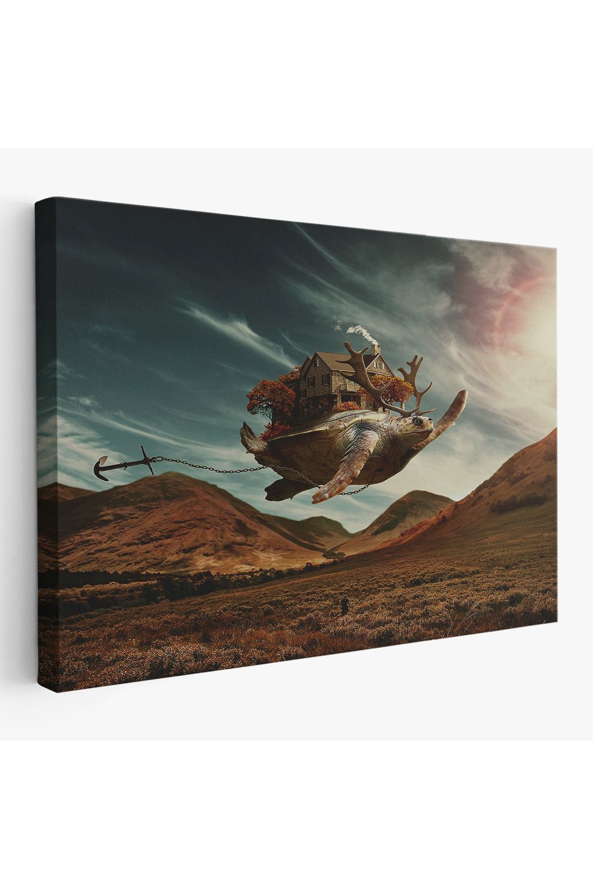 SZ KVS1-Dekoratif Duvar Tablosu-Sürreal Geyik Boynuzlu Kaplumbağa Kanvas Tablo 6560