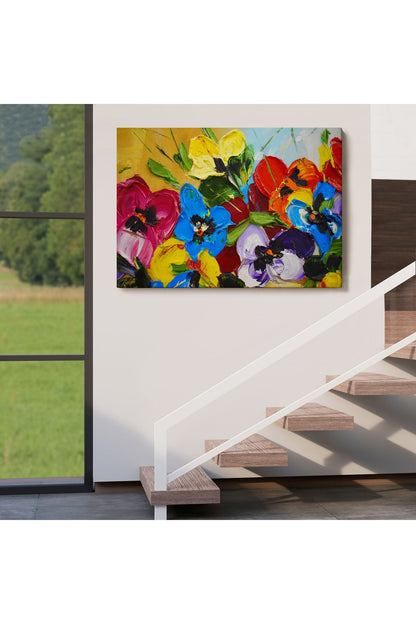Renkli Çiçekler Yağlıboya Görünüm Dekoratif Kanvas Duvar Tablosu-3666