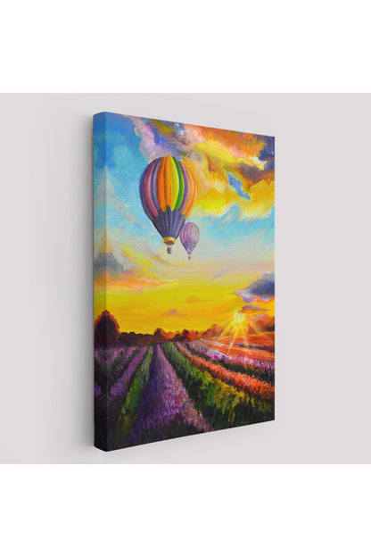 Lavanta Bahçesi Üzerinde Uçan Hava Balonu Yağlıboya Görünüm Kanvas Duvar Tablosu-5940