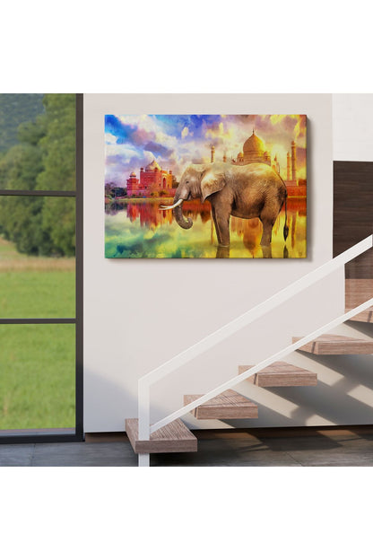 Fil ve Taç Mahal Manzaralı Yağlıboya Görünüm Dekoratif Kanvas Duvar Tablosu-3716