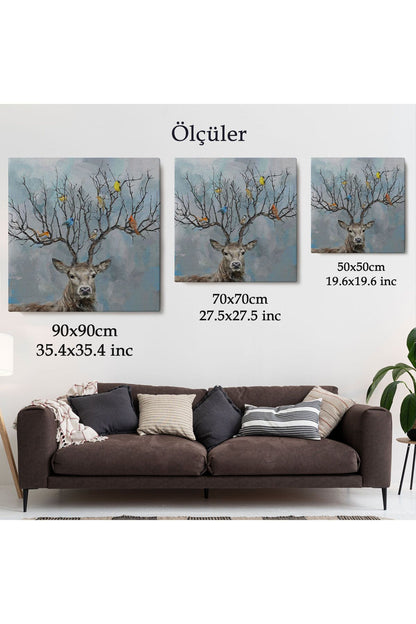 Geyik Boynuzları Üzerinde Renkli Kuşlar Tablosu-5863