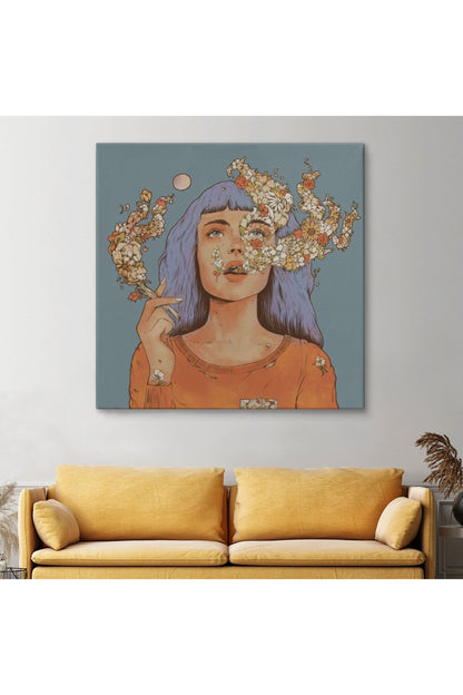 Sigara İçen Kadın Çiçek Detaylı Kanvas Tablo-5877