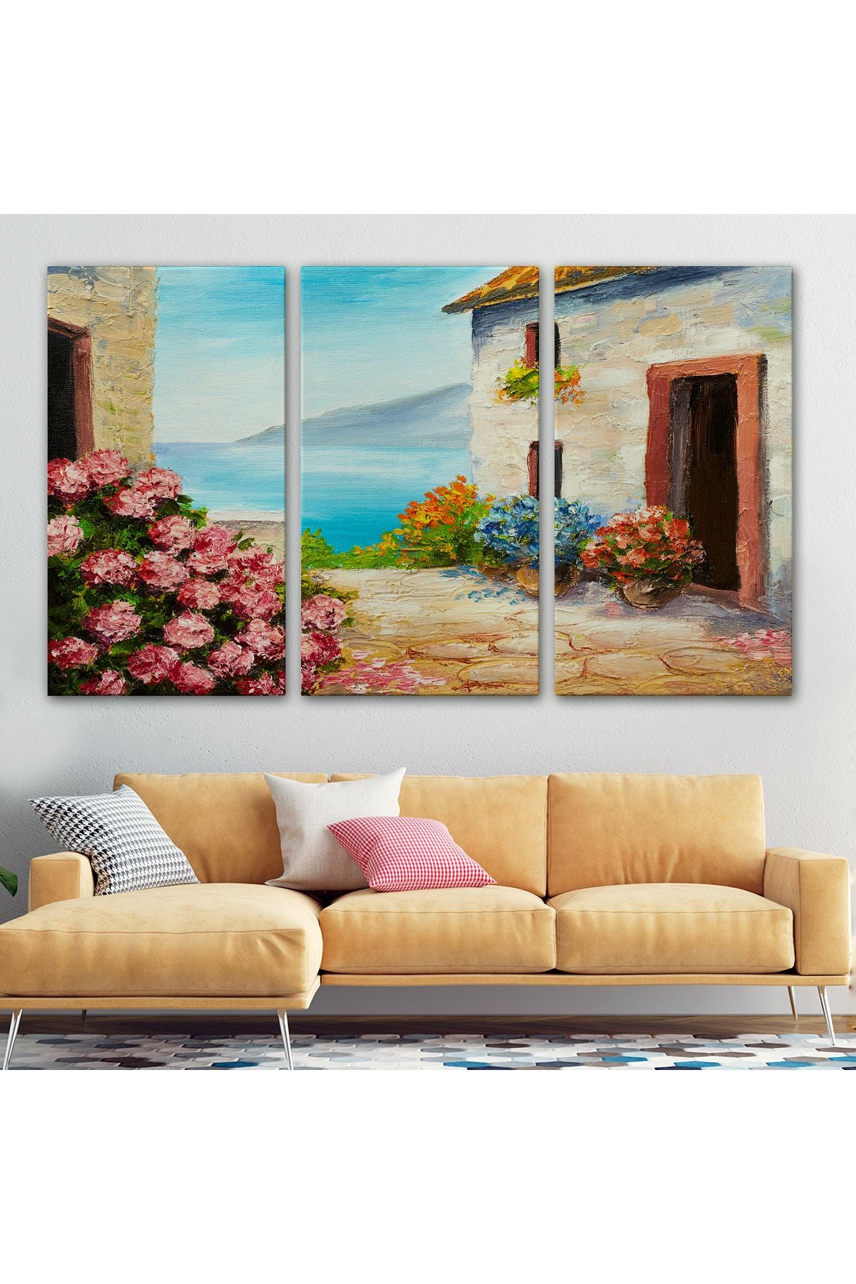 Çiçekler Arasındaki Deniz Manzaralı Ev Duvar Tablosu-3640