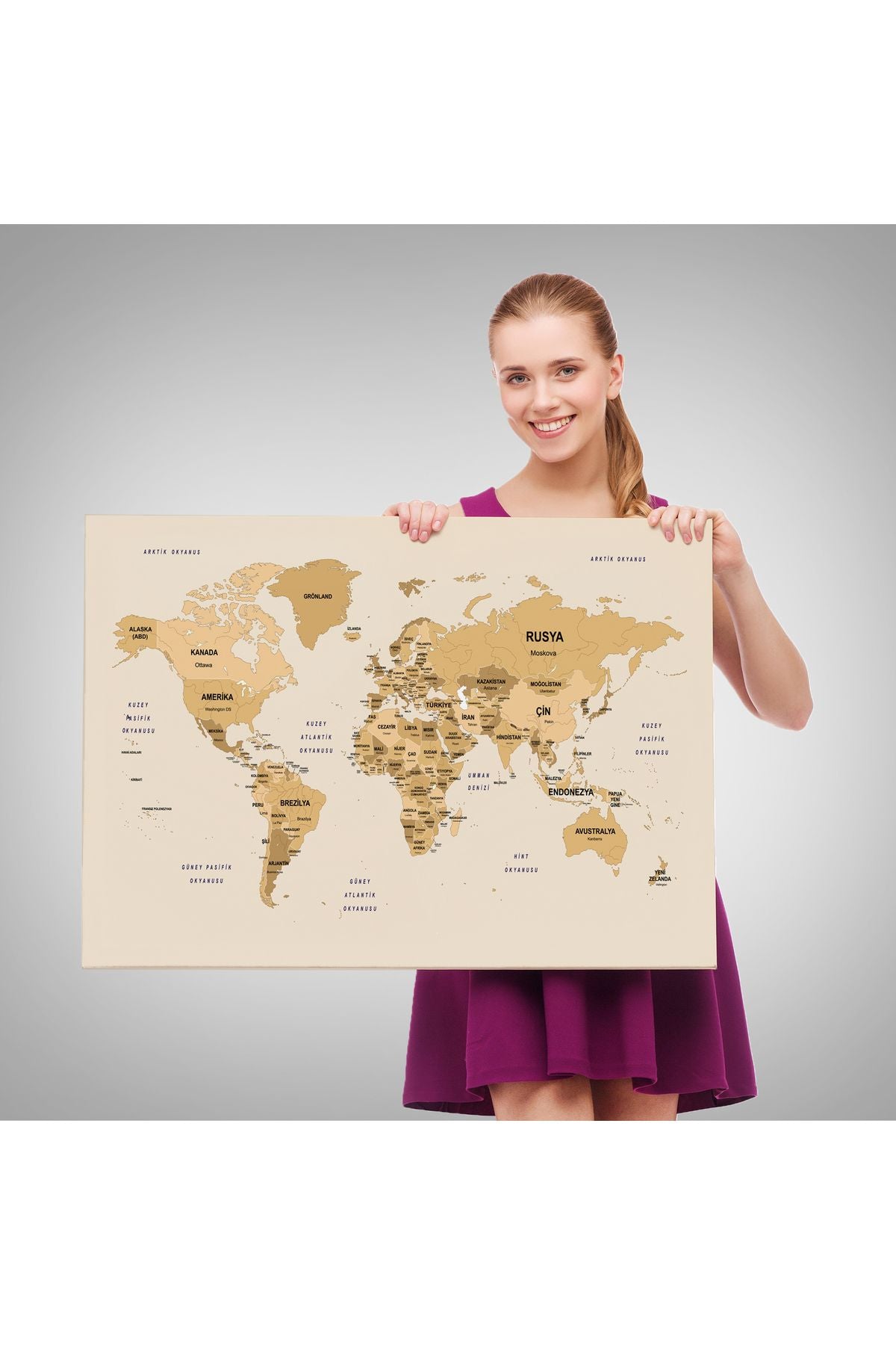 Türkçe Dünya Haritası Kanvas Tablo Ülke Başkent Detaylı ve Dekoratif 2618