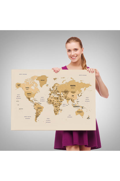 Türkçe Dünya Haritası Kanvas Tablo Ülke Başkent Detaylı ve Dekoratif 2618