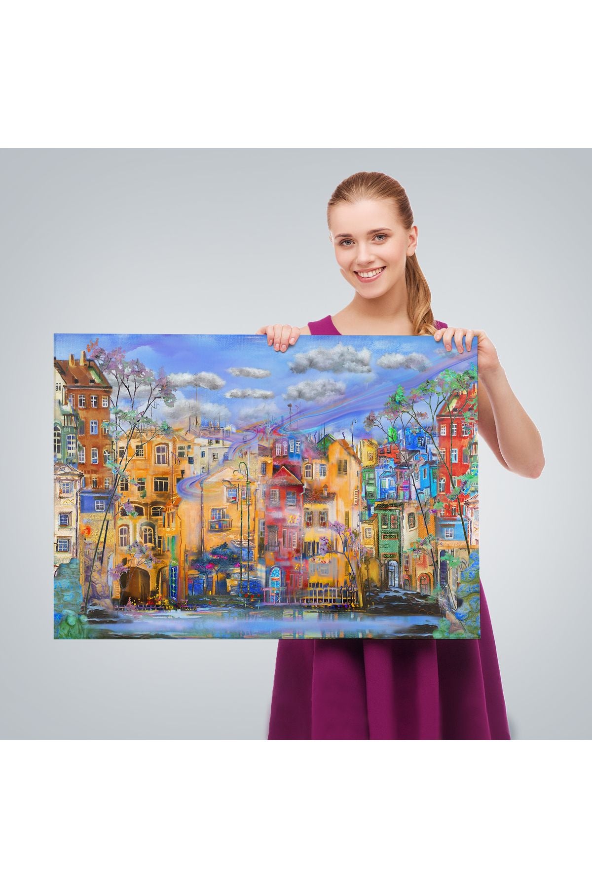 Eski Avrupa Kasabası Yağlıboya Görünüm Dekoratif Kanvas Tablo-3536