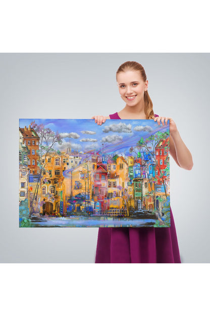 Eski Avrupa Kasabası Yağlıboya Görünüm Dekoratif Kanvas Tablo-3536