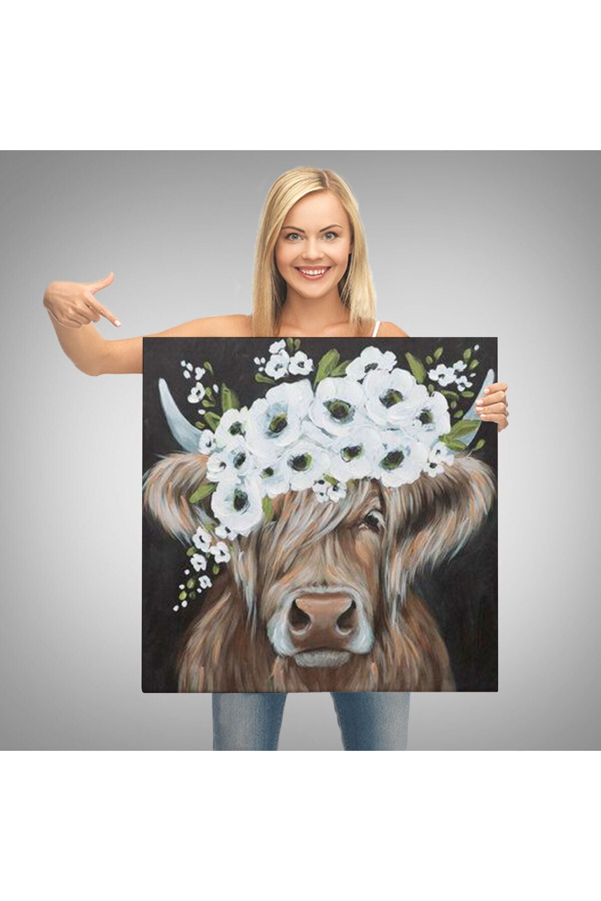 Beyaz Çiçek Taçlı İnek Tablo-5875