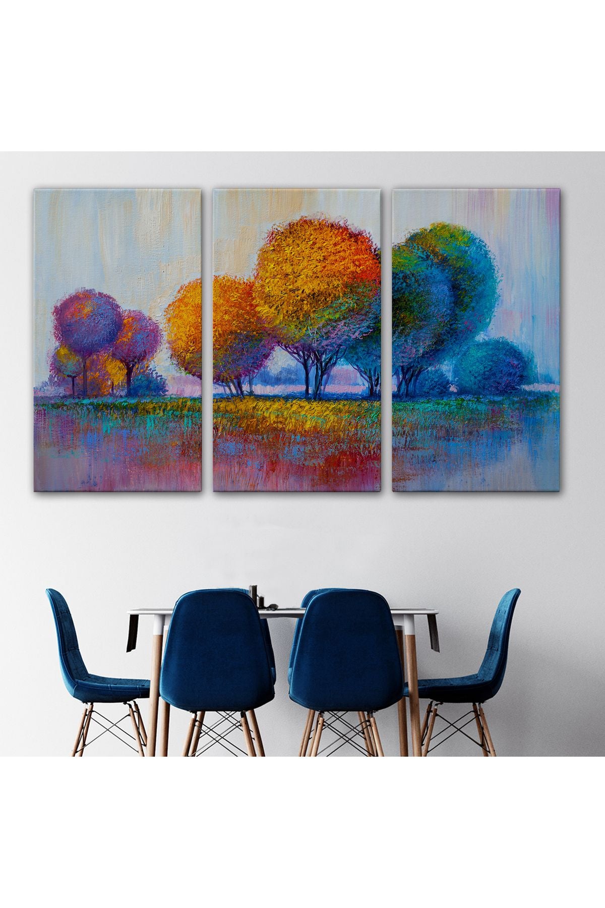 Renkli Ağaçlar Yağlıboya Görünüm Dekoratif Kanvas Duvar Tablosu-3608