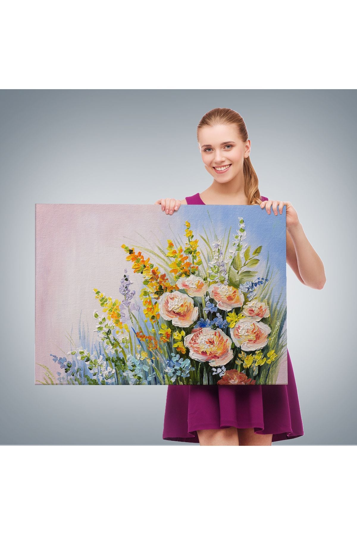 Soyut Yaz Çiçekleri Yağlıboya Görünüm Dekoratif Kanvas Duvar Tablosu-3496