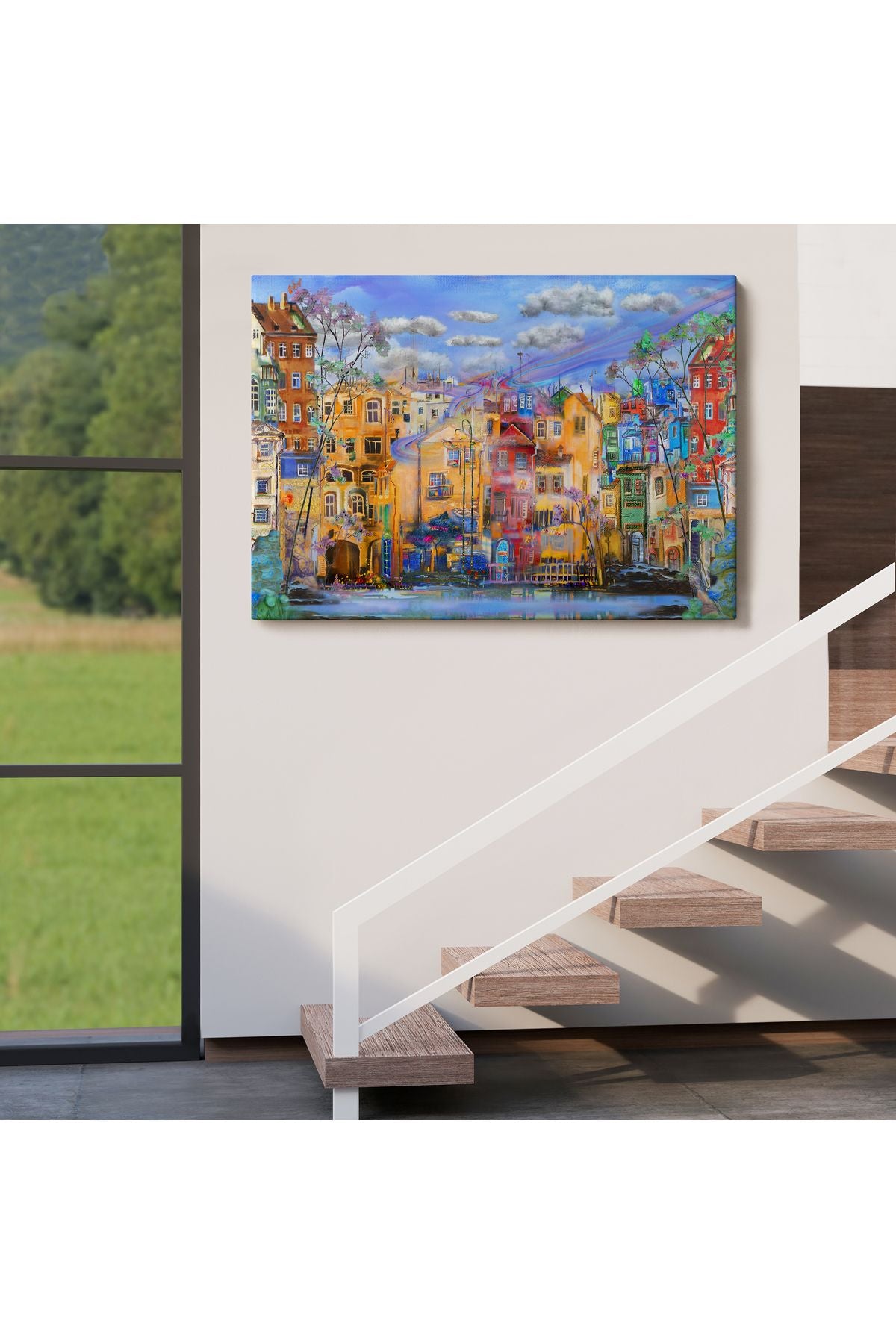 Eski Avrupa Kasabası Yağlıboya Görünüm Dekoratif Kanvas Tablo-3536