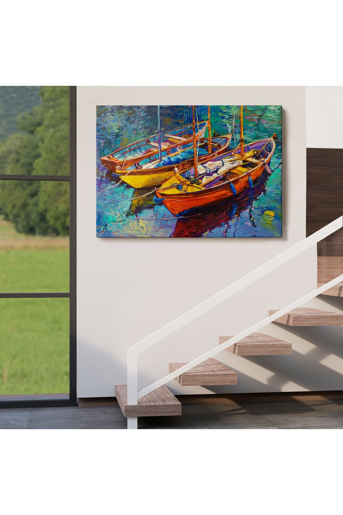 Okyanus Üzerinde Gün Batımı Tekne ve Deniz Kanvas Duvar Tablosu-1194