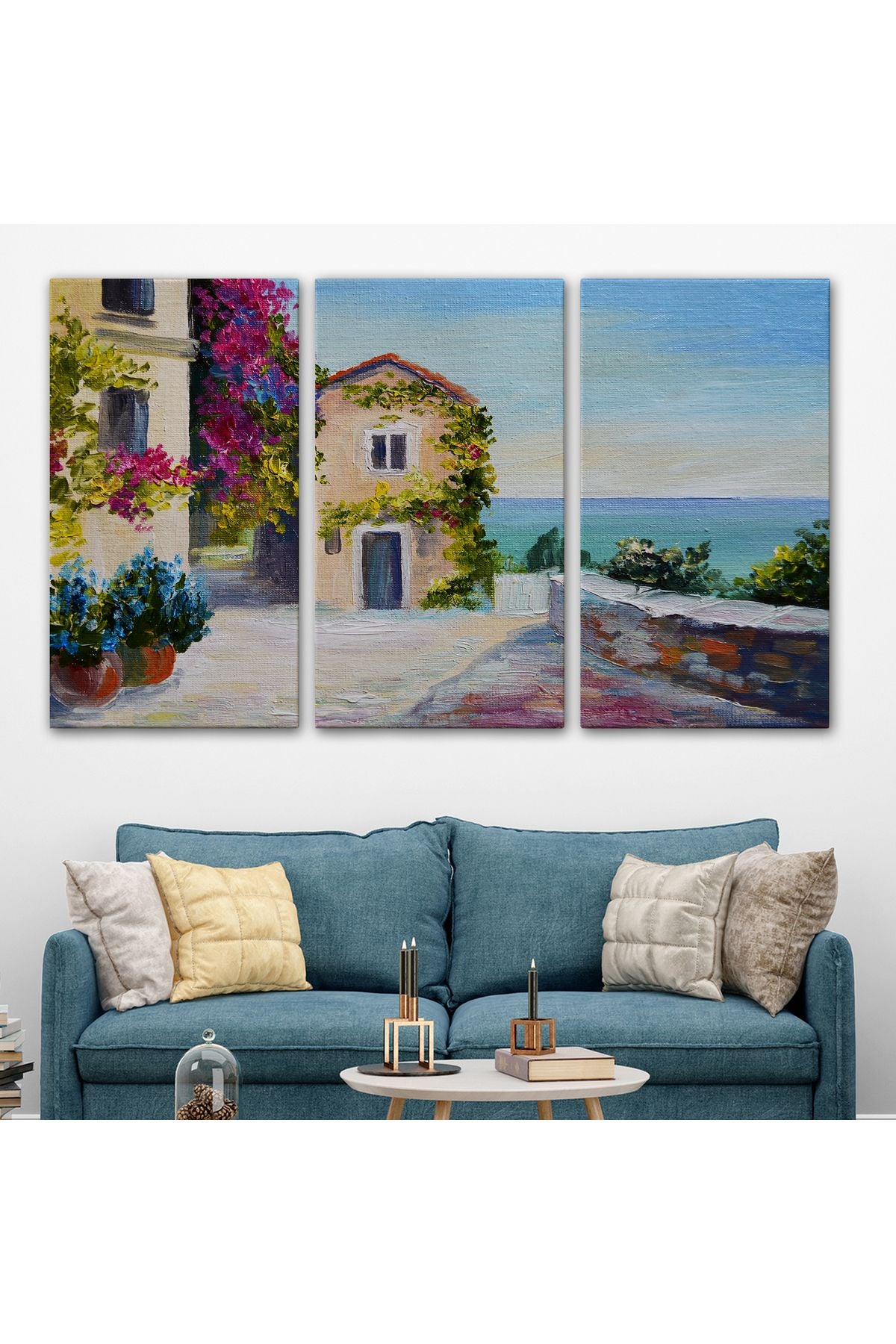 Santorinide Deniz Manzaralı Ev Kanvas Duvar Tablosu-1186