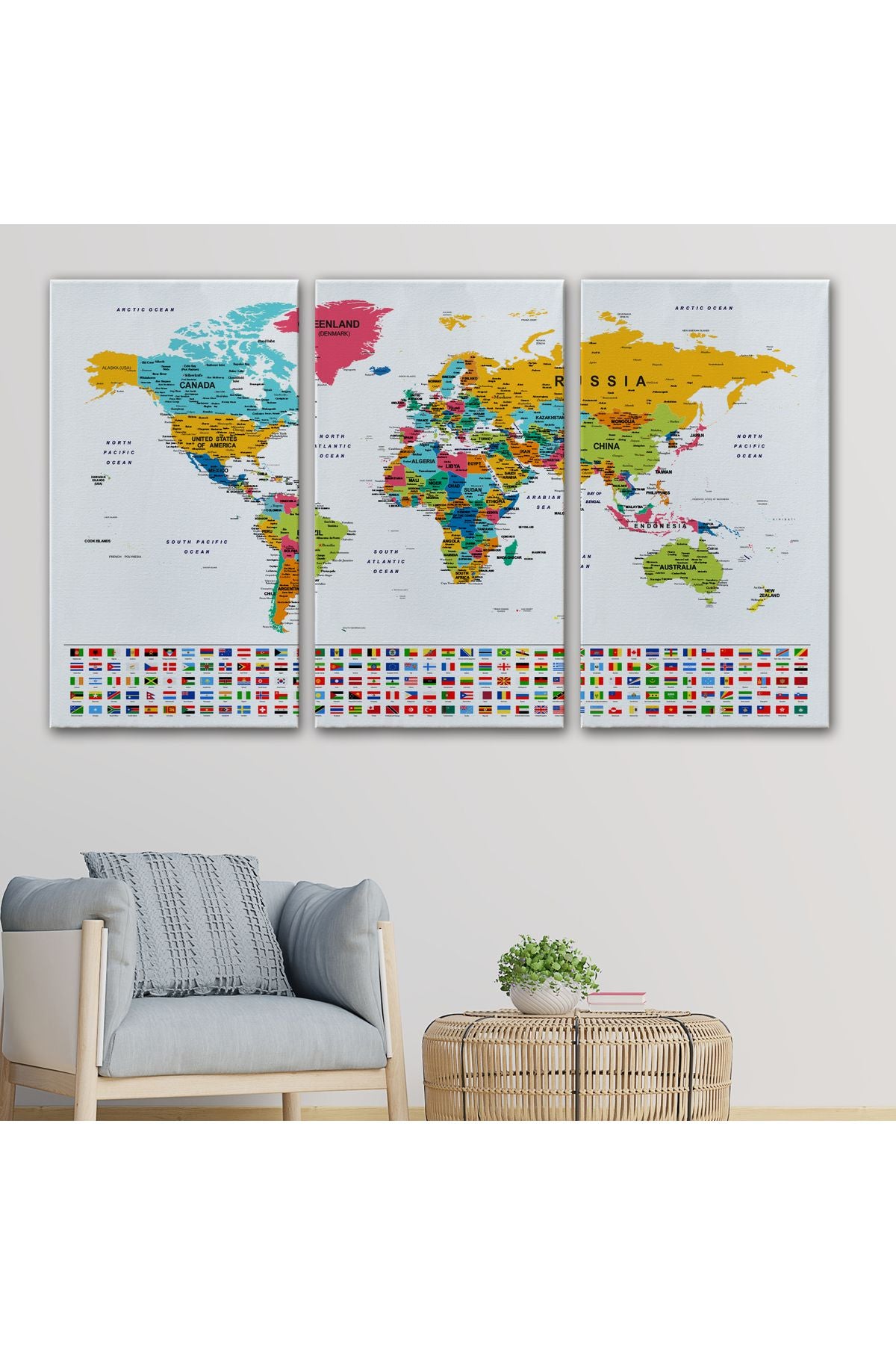 Dünya Haritası Son Derece Ayrıntılı Eğitici ve Bayraklı Dekoratif Kanvas Tablo 2796